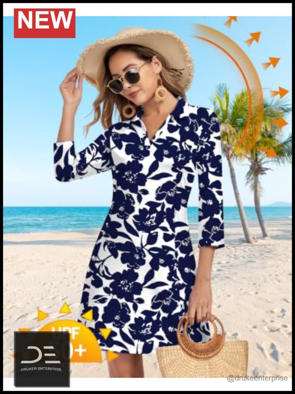 WOWENY 3/4 Sleeve V Neck Sun Dress with Pockets Quick Dry UPF 50+ - Picture 2 of 5